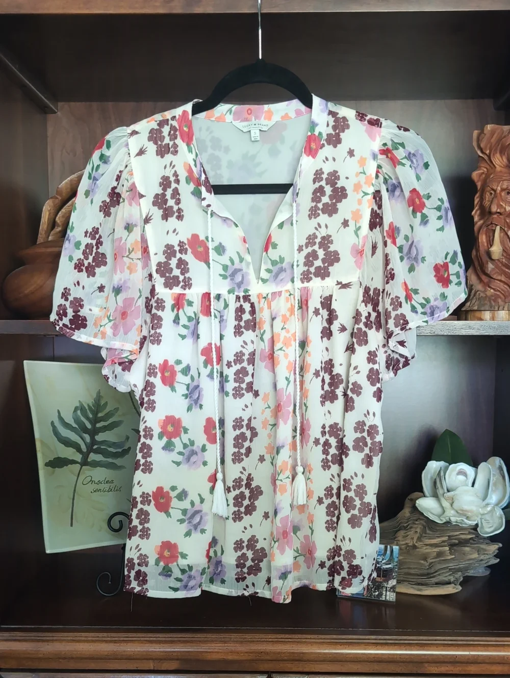 Lucky Brand Cream Floral Tie-Front Ruffle Sleeve Blouse